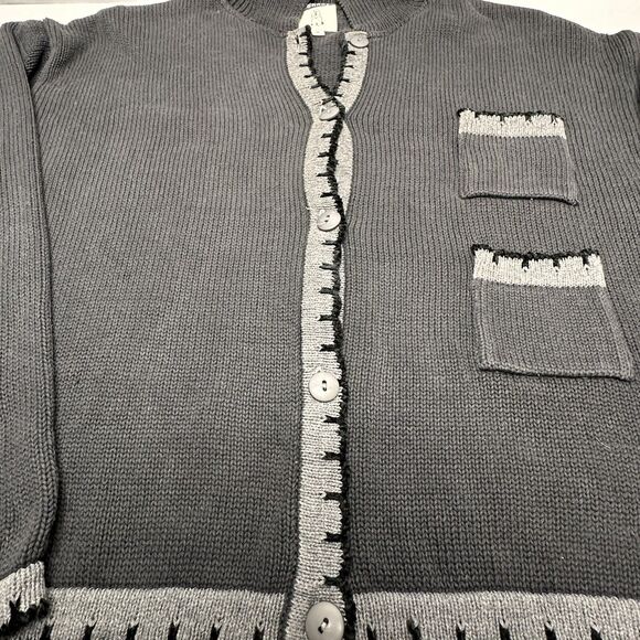 Anthropology Cousin Johnny Cardigan Womens Medium Sweater Black with Gray Trim - Picture 11 of 13